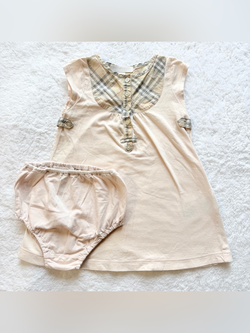 Burberry Baby Girl 12m Dress Nova Check Pink Cotton Set Authentic Tops